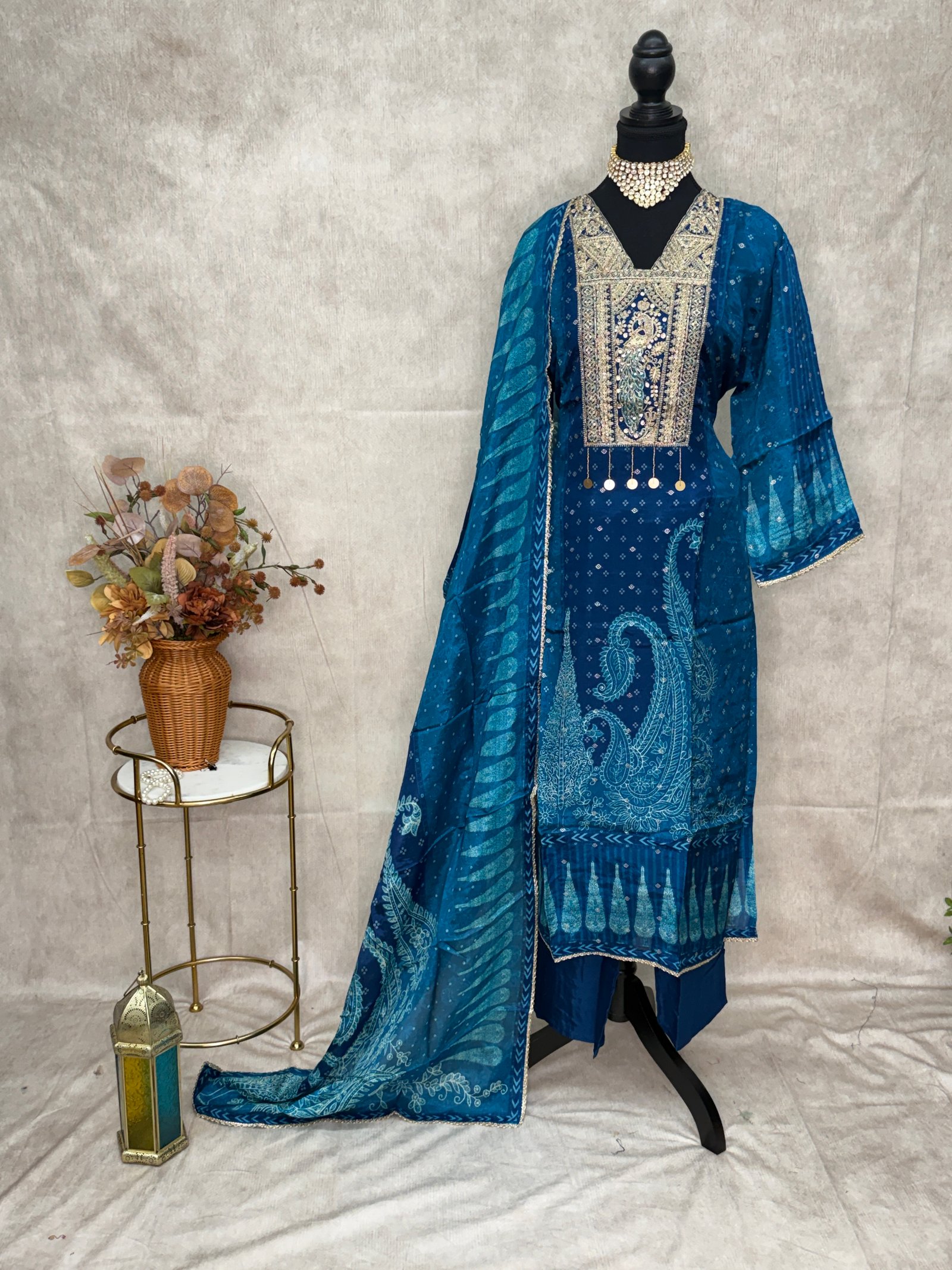 Royal Blue Printed Embroidered 3-Piece Suit Set